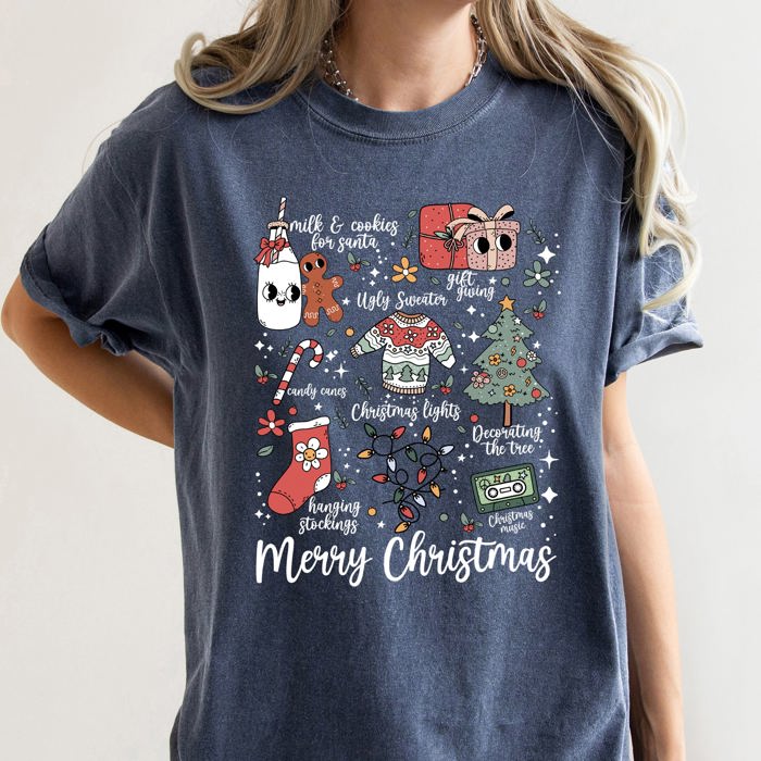 Merry Christmas Doodles Santa Stockings Tree Retro Holiday Edition Comfort Colors Tee