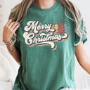Large Blue Spruce Green Merry Christmas Retro Trees Stacked Lettering Classic Design Edition Comfort Colors Tee