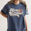 Large Denim Blue Merry Christmas Retro Trees Stacked Lettering Classic Design Edition Comfort Colors Tee