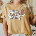 Small Mustard Merry Christmas Retro Trees Stacked Lettering Classic Design Edition Comfort Colors Tee