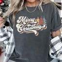 XL Pepper Dark Gray Merry Christmas Retro Trees Stacked Lettering Classic Design Edition Comfort Colors Tee