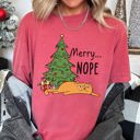 Large Crimson Red Merry Nope Funny Cat Christmas Holiday Laughs Edition For Cat Lovers And Cozy Season Wear Comfort Colors Tee