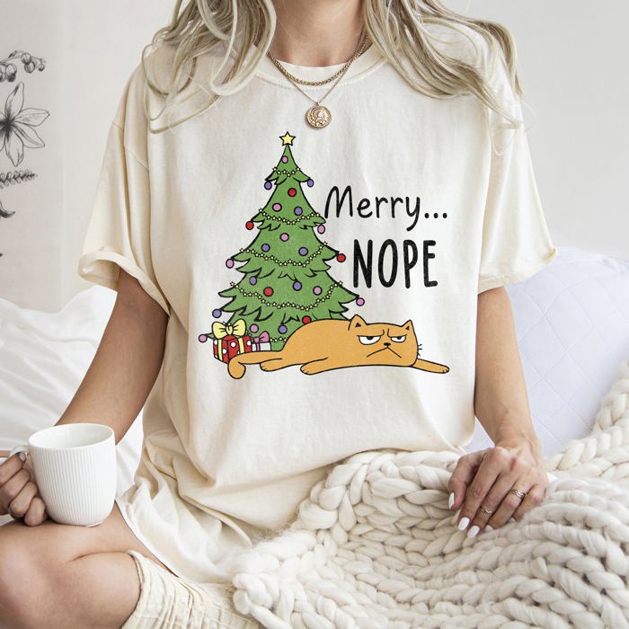 Merry Nope Funny Cat Christmas Holiday Laughs Edition For Cat Lovers And Cozy Season Wear Comfort Colors Tee