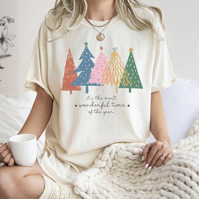 Most Wonderful Time Retro Christmas Trees Colorful Holiday Design Comfort Colors Tee