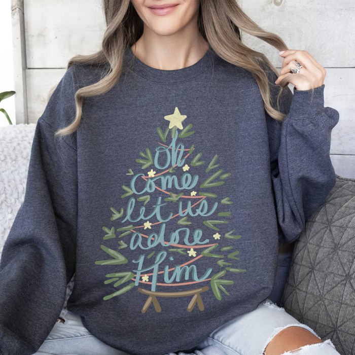 Oh Come Let Us Adore Him Christmas Carol Religious Holiday Vintage Script Sweatshirt