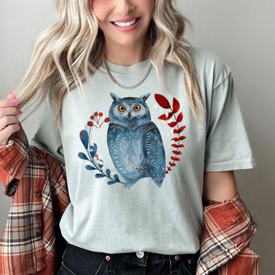 Owl Folk Art Scandinavian Winter Christmas Illustration Vintage Inspired Comfort Colors Tee