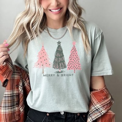 Pastel Christmas Trees, Merry And Bright Holiday Edition Exclusive Comfort Colors Tee