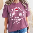 Medium Berry Red Proud Member Of The Naughty List Cat Christmas Santa Festive Edition Comfort Colors Tee