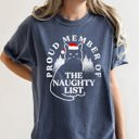 Small Denim Blue Proud Member Of The Naughty List Cat Christmas Santa Festive Edition Comfort Colors Tee