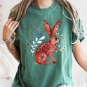  Rabbit Folk Art Inspired Scandinavian Winter Christmas Scene Art Comfort Colors Tee