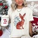  Rabbit Folk Art Inspired Scandinavian Winter Christmas Scene Art Comfort Colors Tee