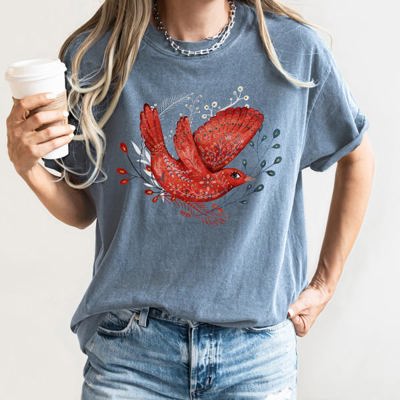 Red Bird Folk Art Scandinavian Winter Christmas Scene Vintage Comfort Colors Tee