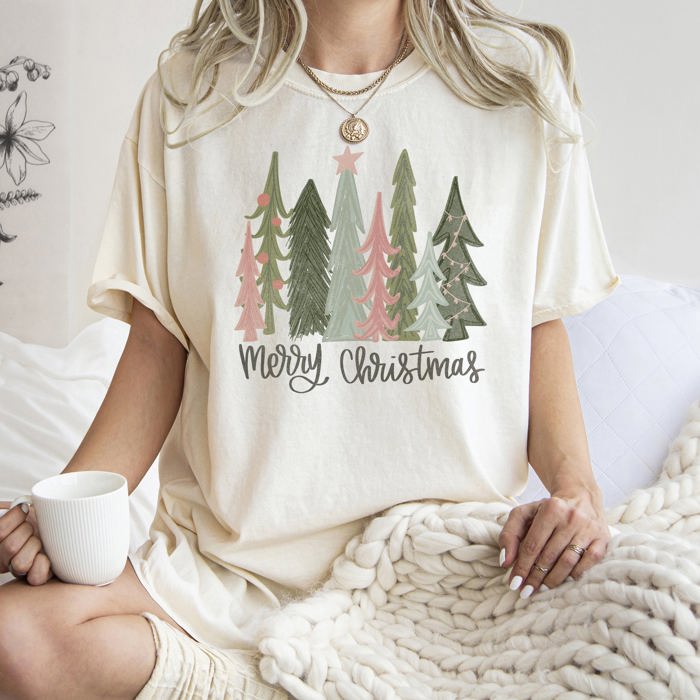 Retro Merry Christmas Trees Pastels Star Holiday Edition Vintage Illustration Comfort Colors Tee