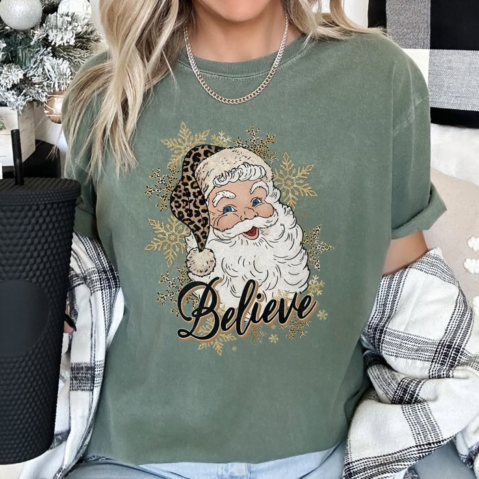 Retro Santa Believe Christmas Leopard Print Holiday Design Edition Comfort Colors Tee