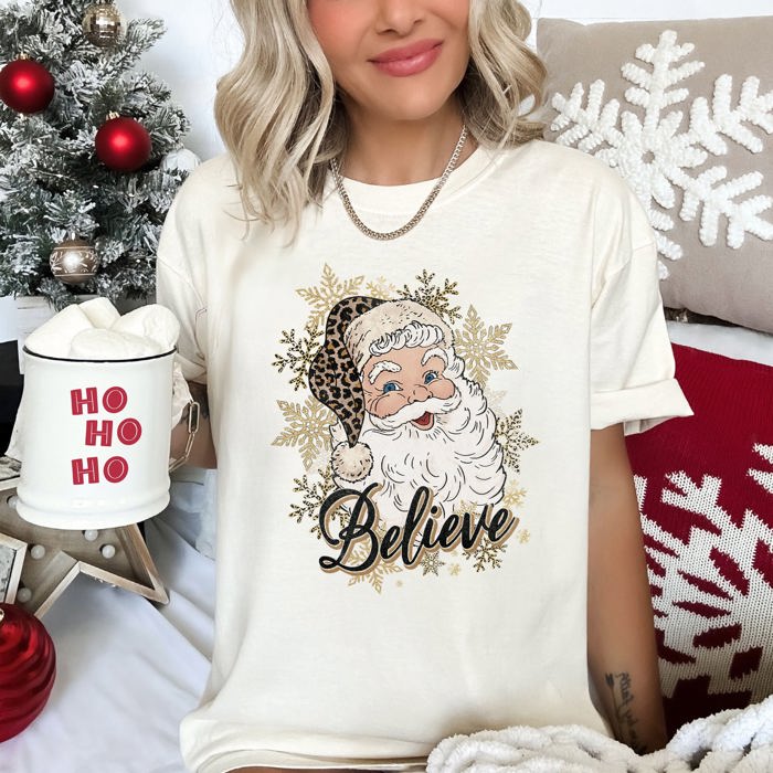 Retro Santa Believe Christmas Leopard Print Holiday Design Edition Comfort Colors Tee
