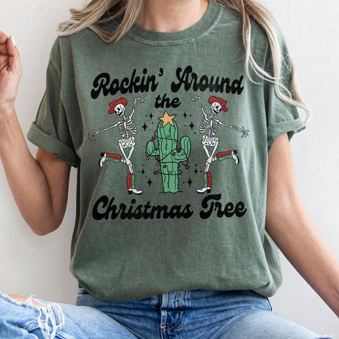 Rocking Around The Christmas Tree Desert Cactus Dancing Skeletons Comfort Colors Tee