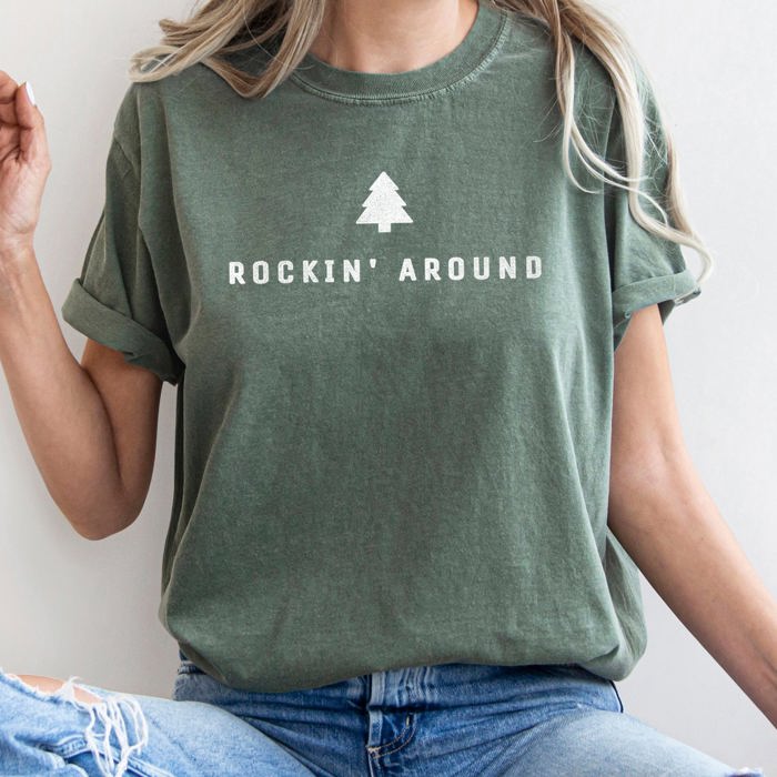 Rocking Around The Christmas Tree Minimal Retro Rock And Roll Comfort Colors Tee