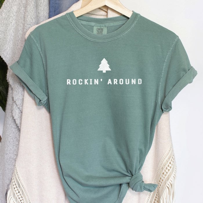 Rocking Around The Christmas Tree Minimal Retro Rock And Roll Comfort Colors Tee