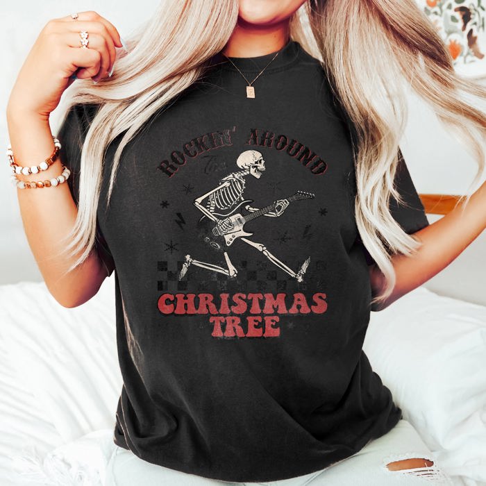 Rocking Around The Christmas Tree Skeleton Retro Rock And Roll Comfort Colors Tee