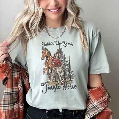 Saddle Up Your Jingle Horse Christmas Cowgirl Cowboy Country Western Comfort Colors Tee