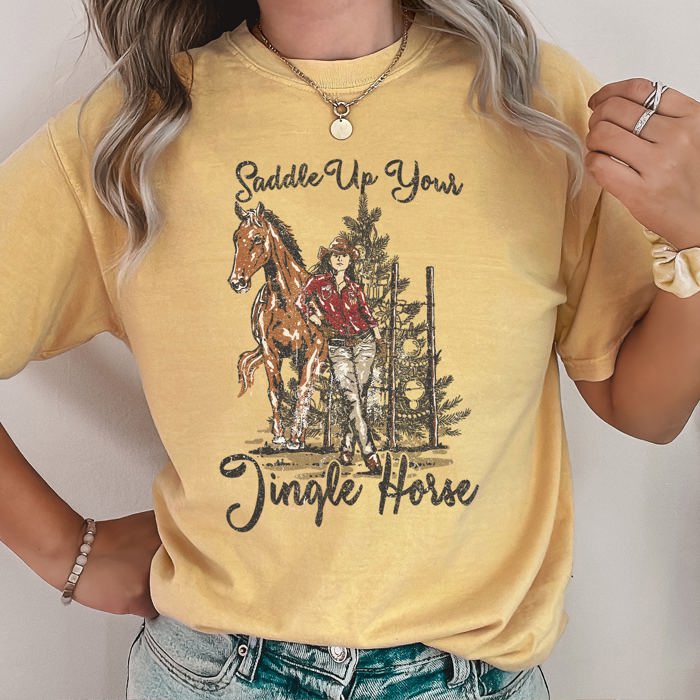 Saddle Up Your Jingle Horse Christmas Cowgirl Cowboy Country Western Comfort Colors Tee