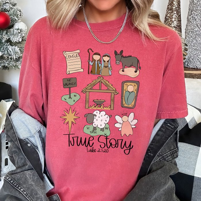 Jesus True Story Luke 2-120 Manger Nativity Christmas Scripture Comfort Colors Tee