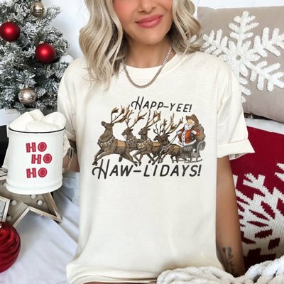 Happy Holidays, Yee Haw, Santa Cowboy, Reindeer Rodeo Christmas Edition Comfort Colors Tee