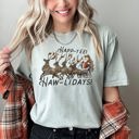Medium Bay Light Sage Happy Holidays, Yee Haw, Santa Cowboy, Reindeer Rodeo Christmas Edition Comfort Colors Tee