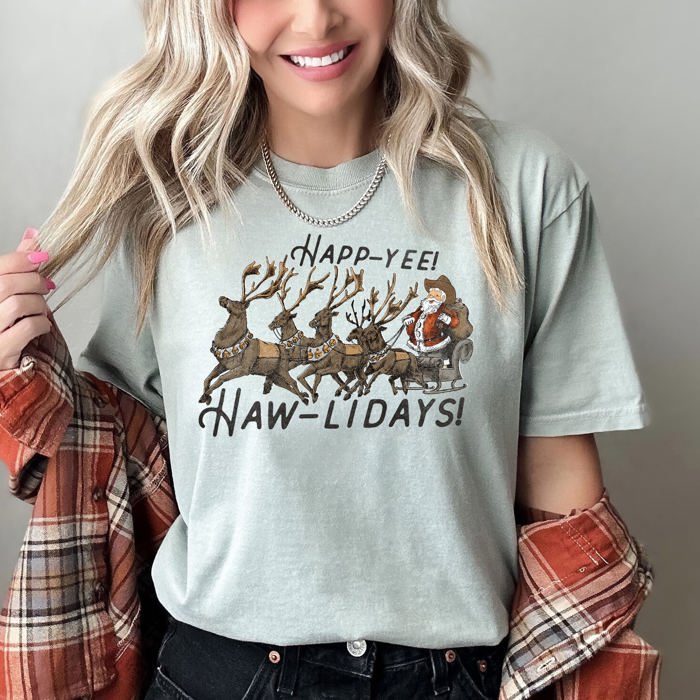 Happy Holidays, Yee Haw, Santa Cowboy, Reindeer Rodeo Christmas Edition Comfort Colors Tee