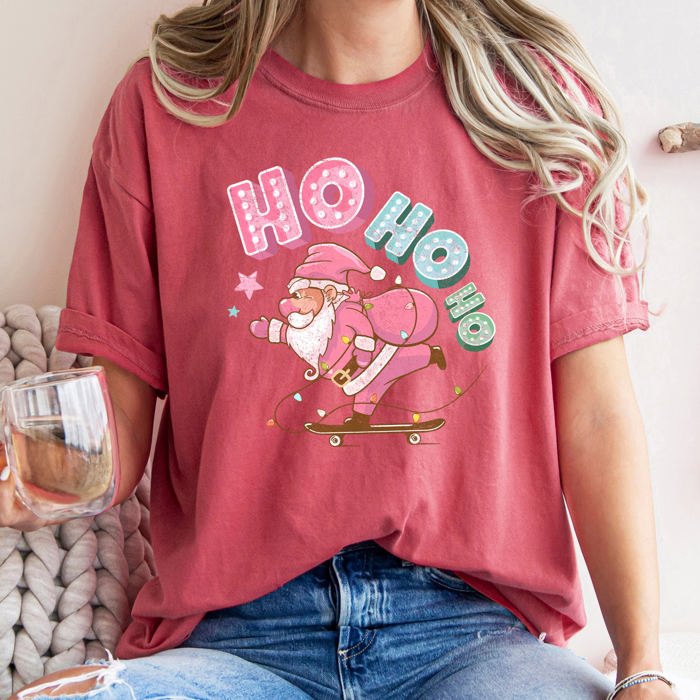 Ho Ho Ho Pink Skateboarding Santa Retro Christmas Graphic Holiday Edition Comfort Colors Tee