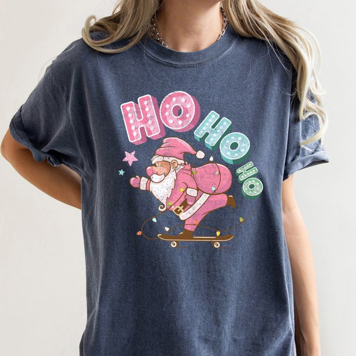 Ho Ho Ho Pink Skateboarding Santa Retro Christmas Graphic Holiday Edition Comfort Colors Tee