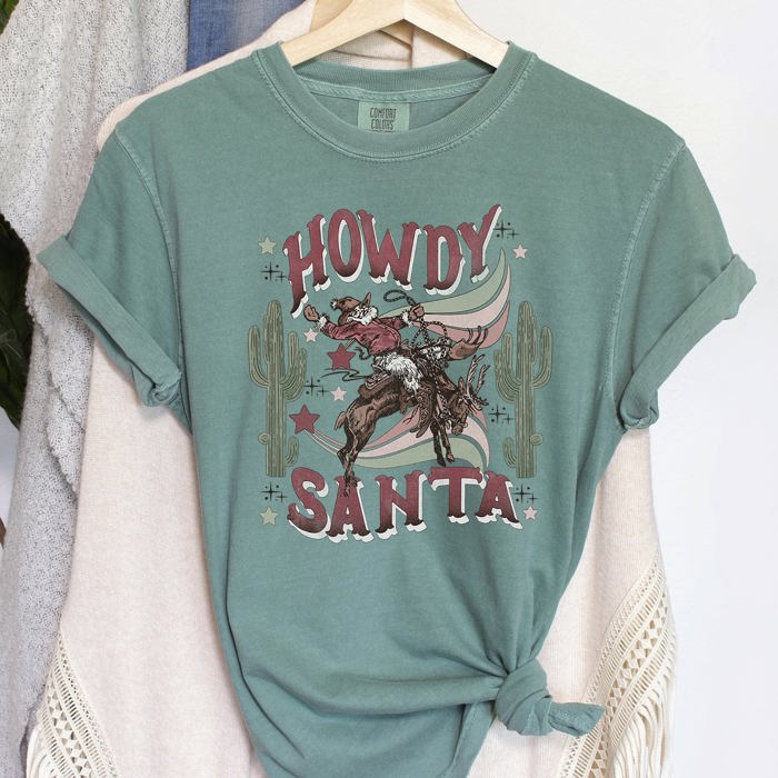 Howdy Santa Cowboy Reindeer Rodeo Desert Cactus Christmas Western Frontier Holiday Vintage Vibe Comfort Colors Tee