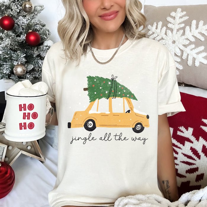 Jingle All The Way Retro Car Christmas Tree Snow Holiday Scene Comfort Colors Tee