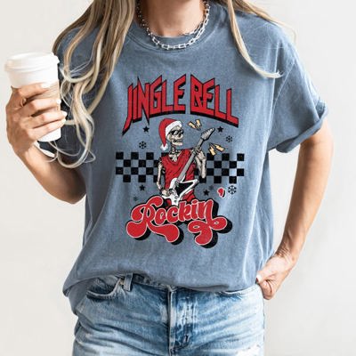 Jingle Bell Rocking Skeleton Retro Rock Music Vibe Nostalgic Vintage Halloween Party Theme Comfort Colors Tee