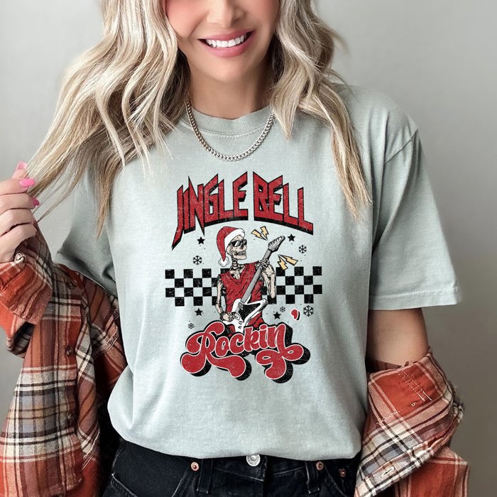 Jingle Bell Rocking Skeleton Retro Rock Music Vibe Nostalgic Vintage Halloween Party Theme Comfort Colors Tee