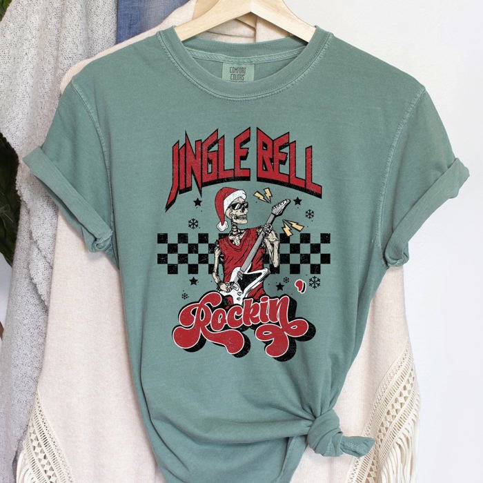 Jingle Bell Rocking Skeleton Retro Rock Music Vibe Nostalgic Vintage Halloween Party Theme Comfort Colors Tee