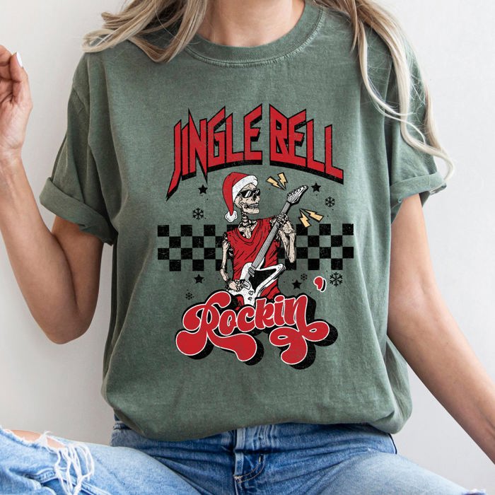 Jingle Bell Rocking Skeleton Retro Rock Music Vibe Nostalgic Vintage Halloween Party Theme Comfort Colors Tee