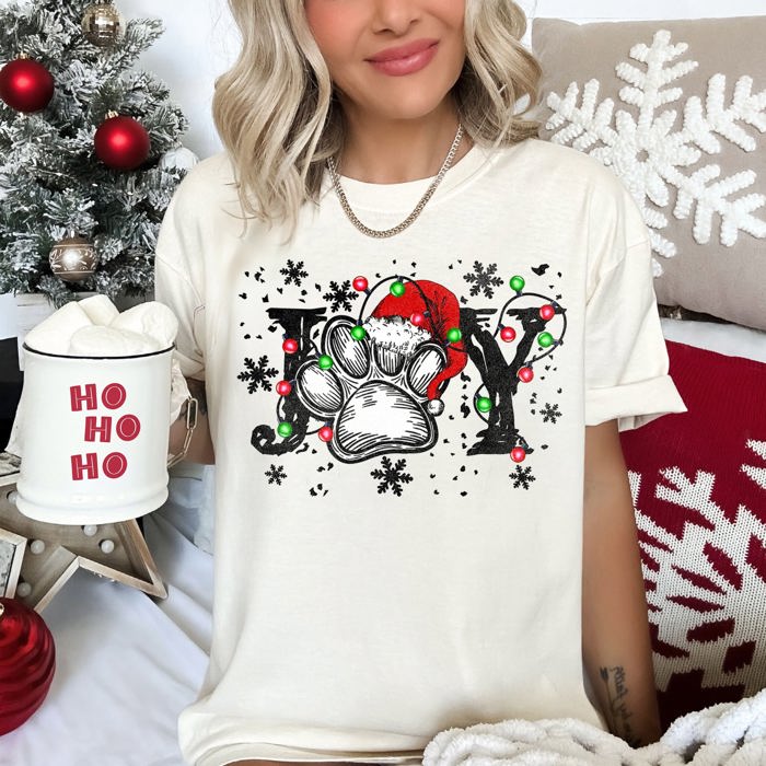 Joyful Christmas Dog Paw Print Design For Seasonal Joy And Cozy Family Moments Comfort Colors Tee