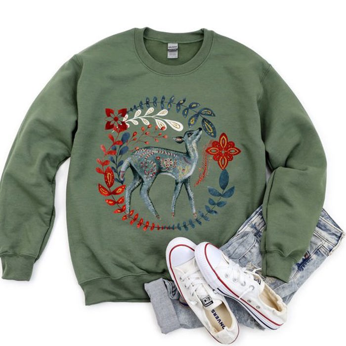 Deer Folk Art Scandinavian Christmas Scene With Nordic Winter Motifs And Rustic Charm Sweatshirt