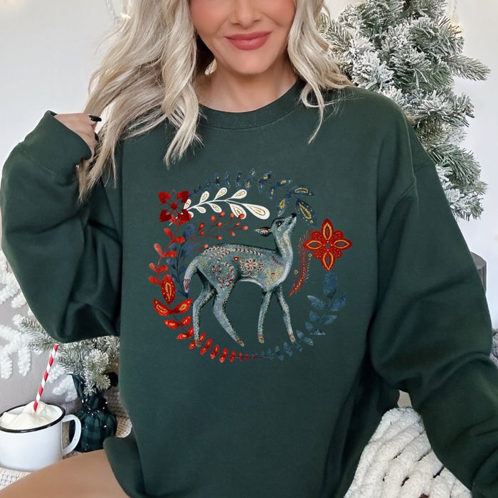 Deer Folk Art Scandinavian Christmas Scene With Nordic Winter Motifs And Rustic Charm Sweatshirt