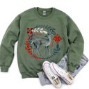 Large Military Green Deer Folk Art Scandinavian Christmas Scene With Nordic Winter Motifs And Rustic Charm Sweatshirt