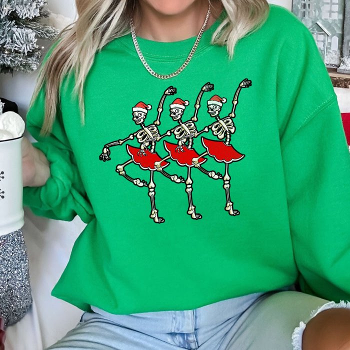 Dancing Skeleton Santa Girls Festive Holiday Parade Graphic Print Cozy Cotton Comfort Fit Sweatshirt