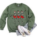 Medium Military Green Dancing Skeleton Santa Girls Festive Holiday Parade Graphic Print Cozy Cotton Comfort Fit Sweatshirt