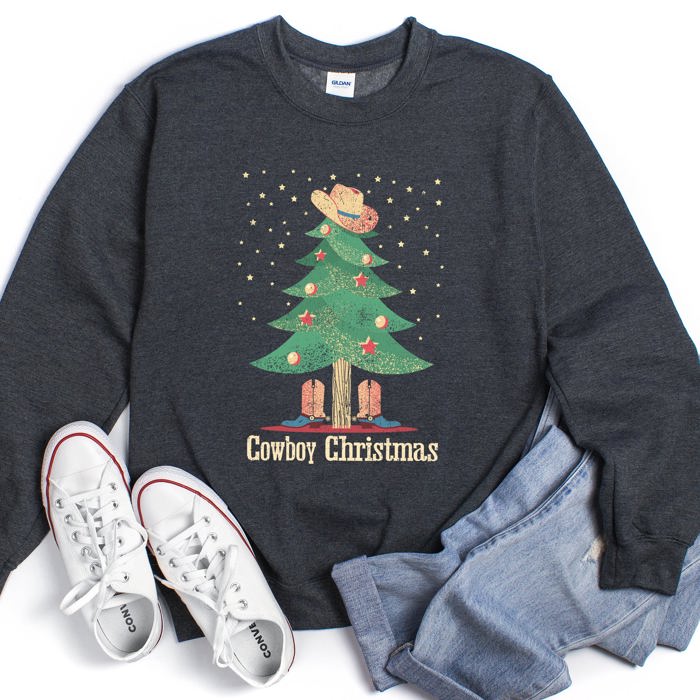Cowboy Christmas Boots Festive Western Holiday Graphic Design Scene Cozy Sweatshirt