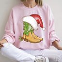  Country Christmas Cowboy Boots Cozy Fleece Western Holiday Graphic Print Sweatshirt
