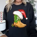 XL Black Country Christmas Cowboy Boots Cozy Fleece Western Holiday Graphic Print Sweatshirt