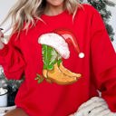 Medium Red Country Christmas Cowboy Boots Cozy Fleece Western Holiday Graphic Print Sweatshirt