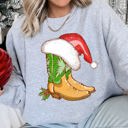 Large Heather Sport Gray Country Christmas Cowboy Boots Cozy Fleece Western Holiday Graphic Print Sweatshirt