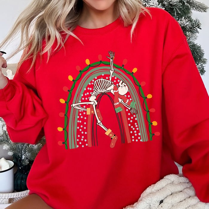 Christmas Rainbow Dancing Skeleton Graphic Sweatshirt