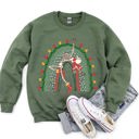 Large Military Green Christmas Rainbow Dancing Skeleton Graphic Sweatshirt